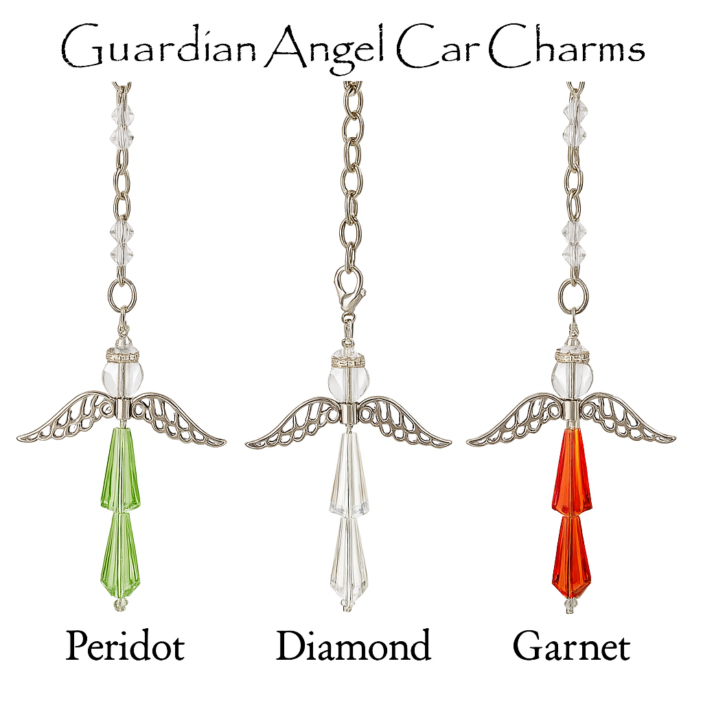 3 Pack, Guardian Angel Car Charms – Holiday (Peridot, Diamond, Garnet) – Christmas Car Rearview Mirror Ornaments – Handmade Gift for Her