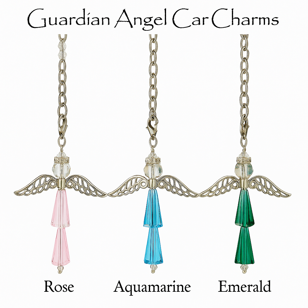 3-Pack Guardian Angel Crystal Car Charms – Rose, Aquamarine, Emerald – Hanging Rearview Mirror Ornament Gift Set for Protection, Love & Faith