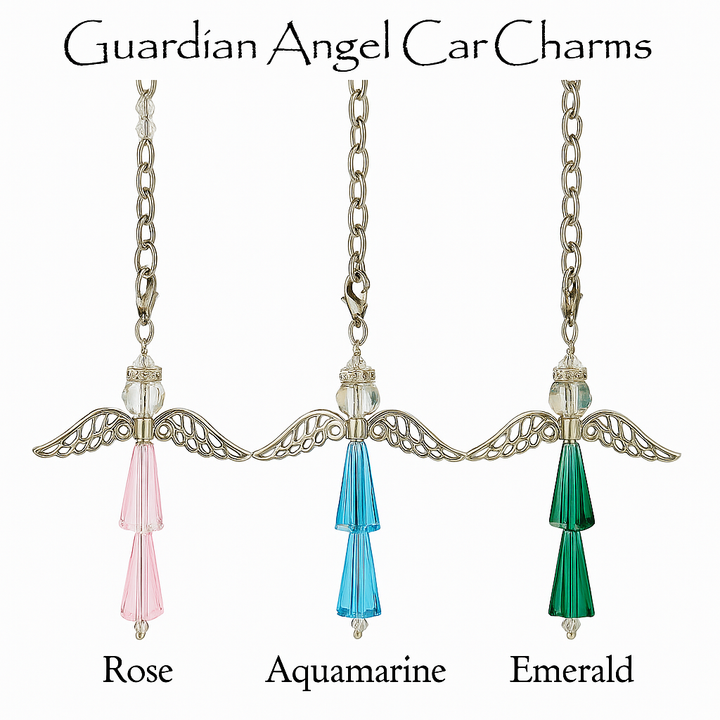3-Pack Guardian Angel Crystal Car Charms – Rose, Aquamarine, Emerald – Hanging Rearview Mirror Ornament Gift Set for Protection, Love & Faith